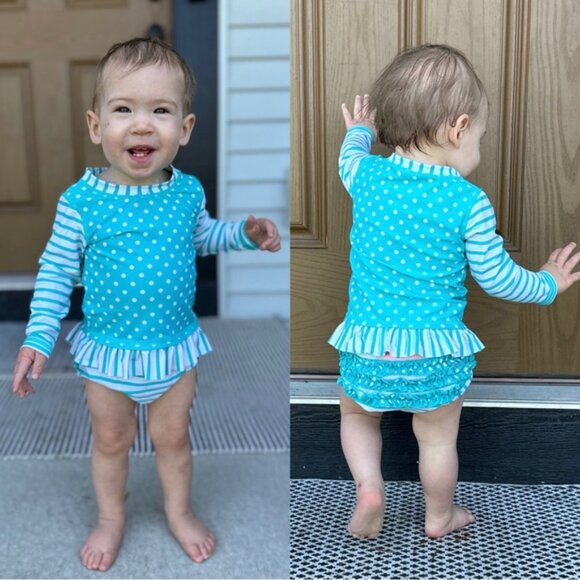RuffleButts | Blue & White Long Sleeve Rash Guard Bikini | Size 12-18 Months - Picture 2 of 12